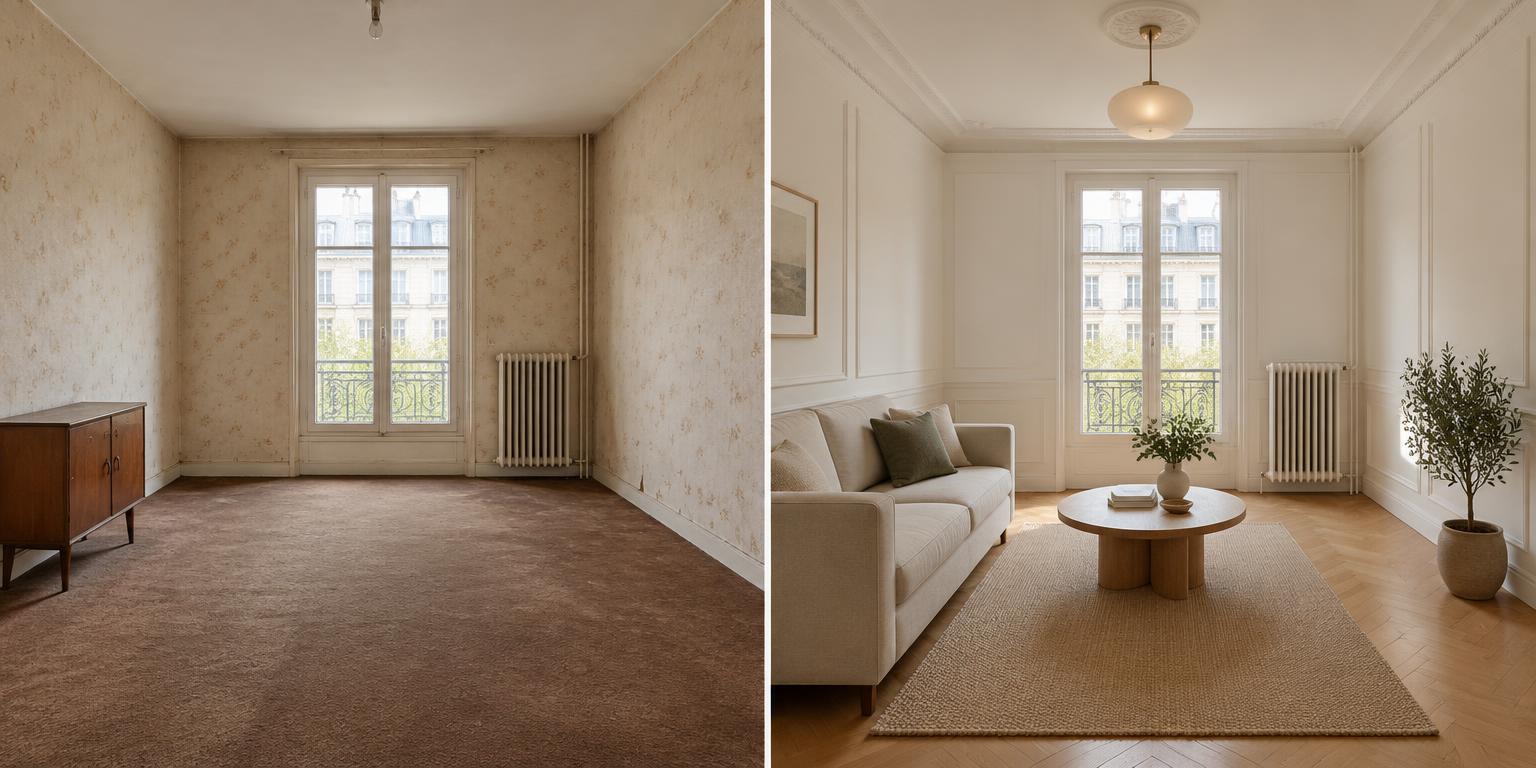 Séjour : avant et après une rénovation simulée par IA